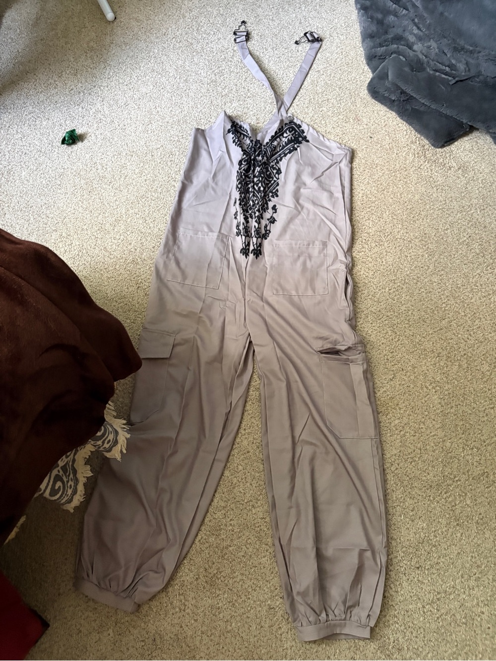Chloe + Isabel Taupe Jumpsuit with Black Embroidery